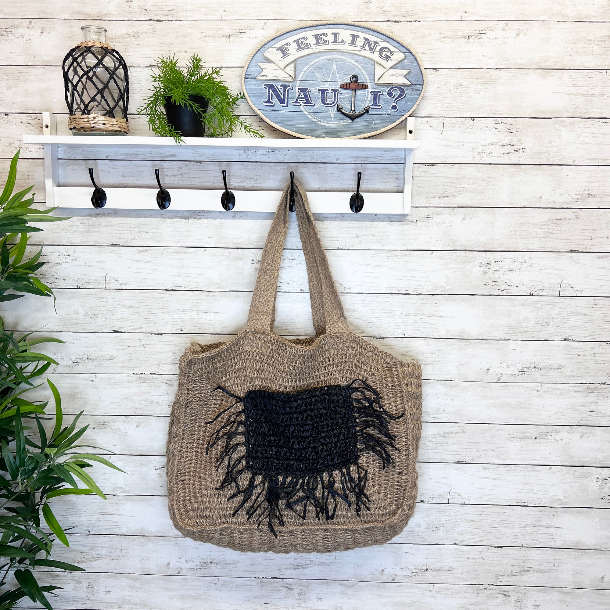 Lana Woven Jute Bag with Color Raffia Pocket- Black