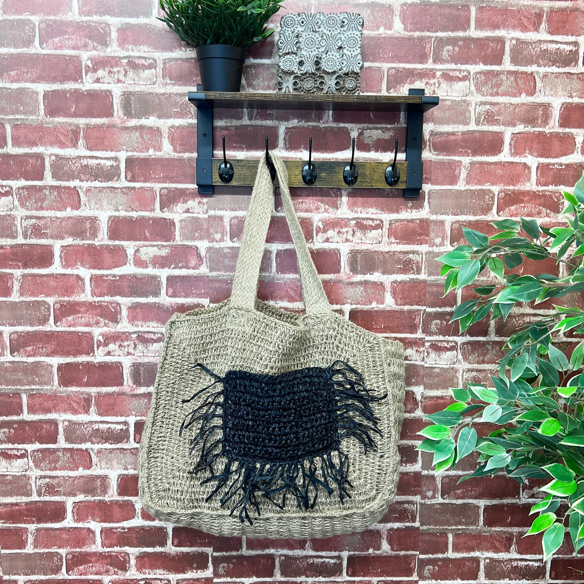 Lana Woven Jute Bag with Color Raffia Pocket- Black