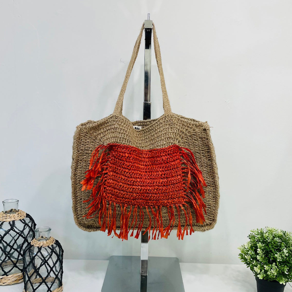 Lana Woven Jute Bag with Color Raffia Pocket - Red