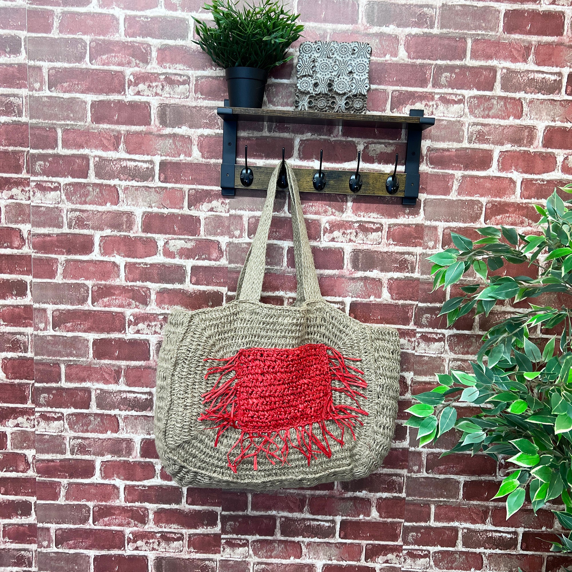 Lana Woven Jute Bag with Color Raffia Pocket - Red