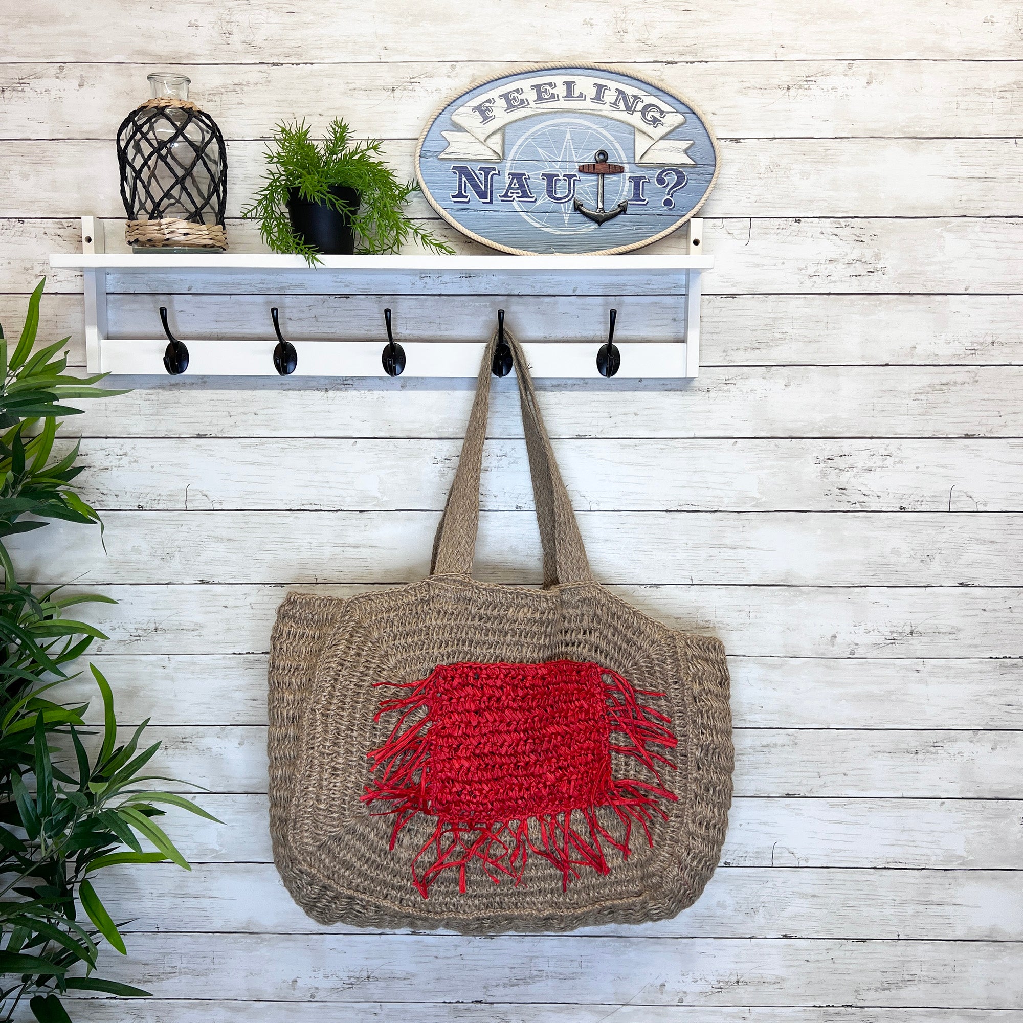 Lana Woven Jute Bag with Color Raffia Pocket - Red