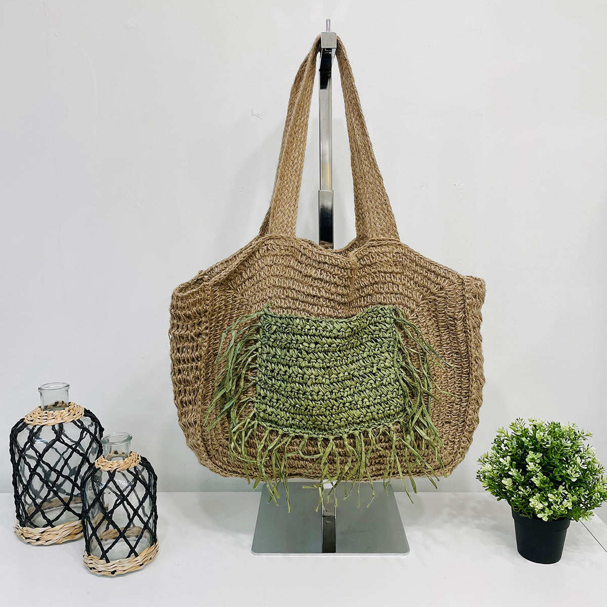 Lana Woven Jute Bag with Color Raffia Pocket - Green