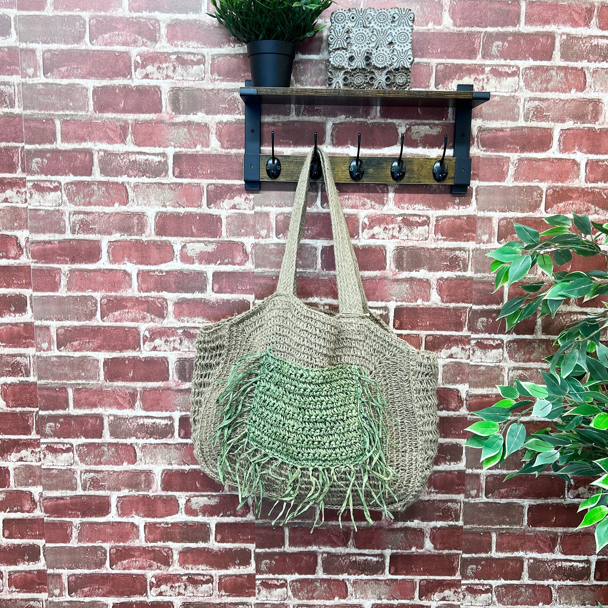 Lana Woven Jute Bag with Color Raffia Pocket - Green