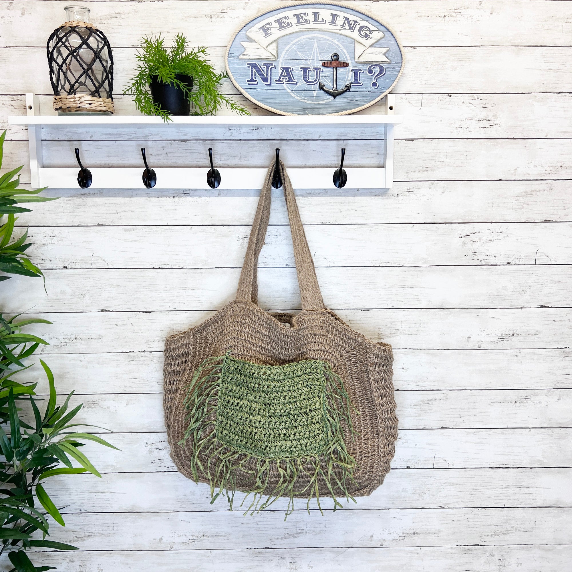 Lana Woven Jute Bag with Color Raffia Pocket - Green