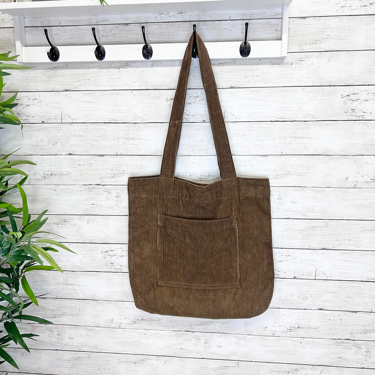 Corduroy Tote Bag with Front Pocket - Brown