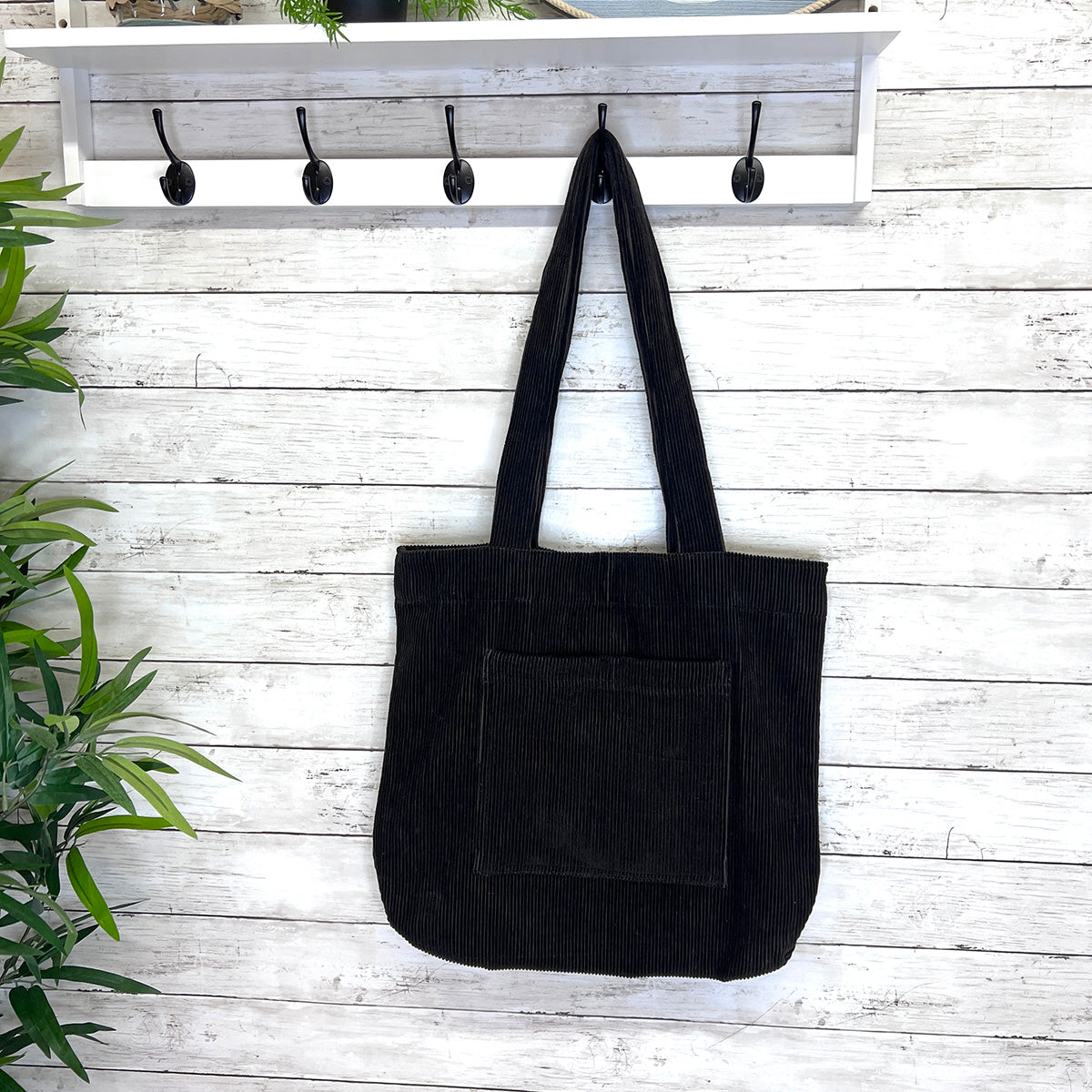 Corduroy Tote Bag with Front Pocket - Black