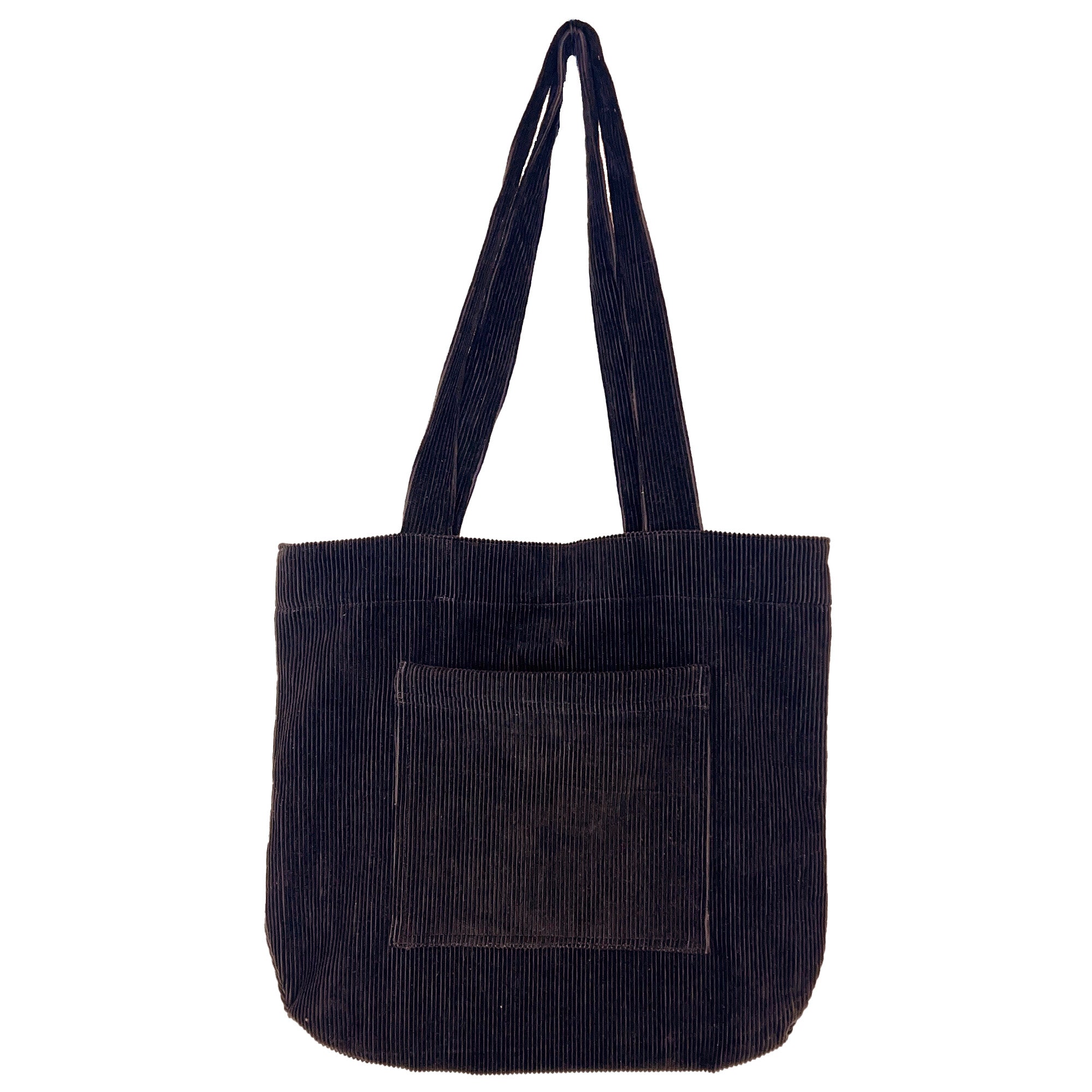 Corduroy Tote Bag with Front Pocket - Black