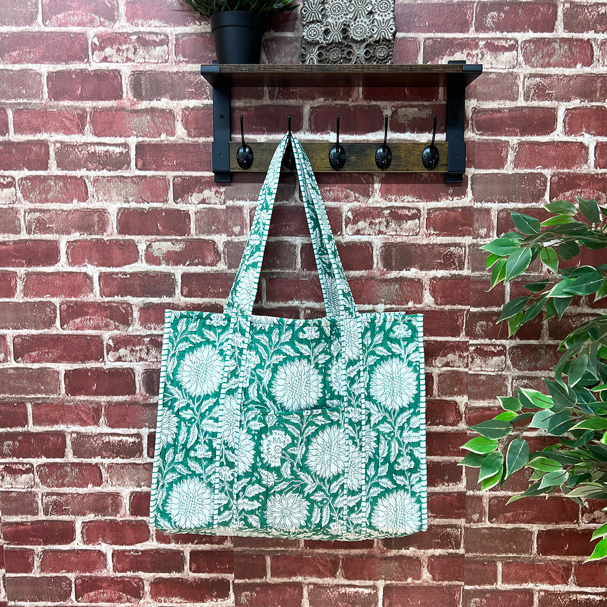 Hand Creafted Teal Dan Quilted Block-Printed Tote