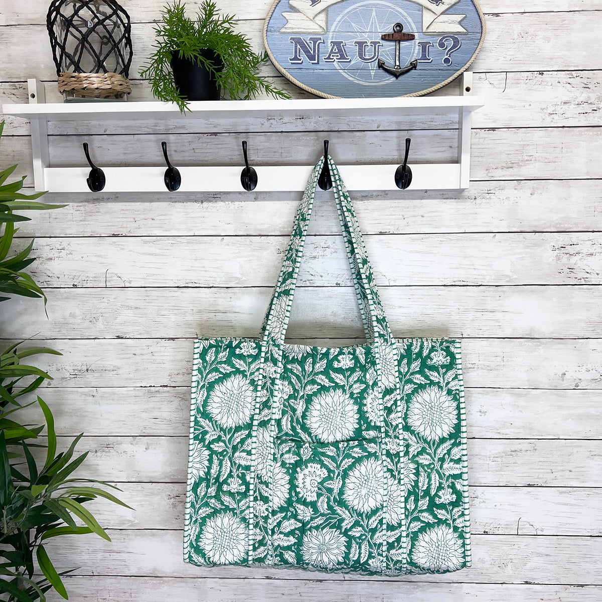 Hand Creafted Teal Dan Quilted Block-Printed Tote