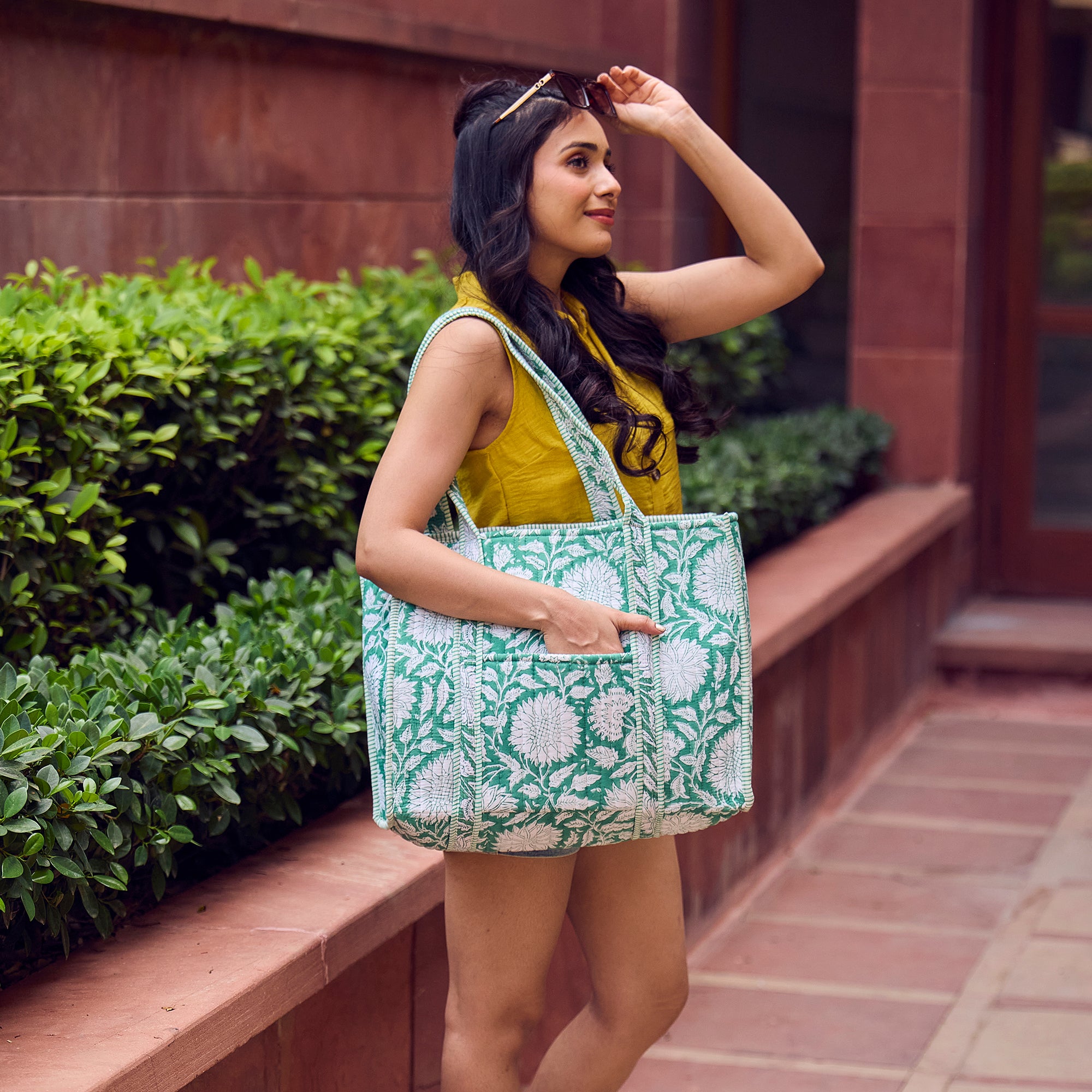 Hand Creafted Teal Dan Quilted Block-Printed Tote