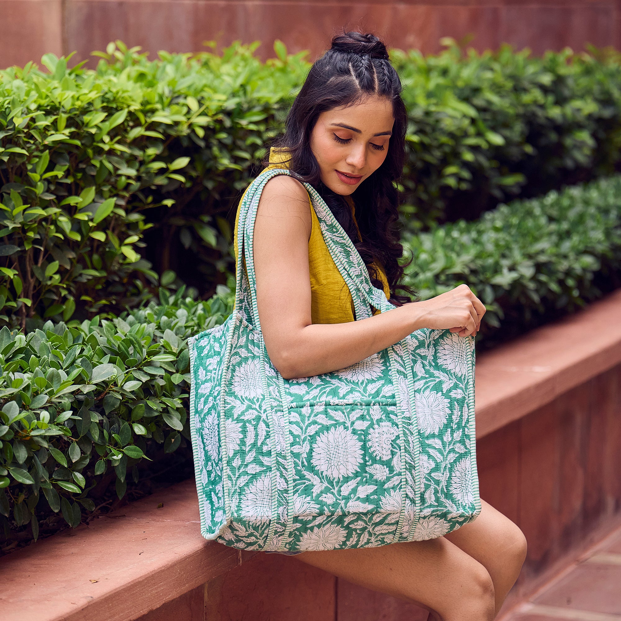 Hand Creafted Teal Dan Quilted Block-Printed Tote