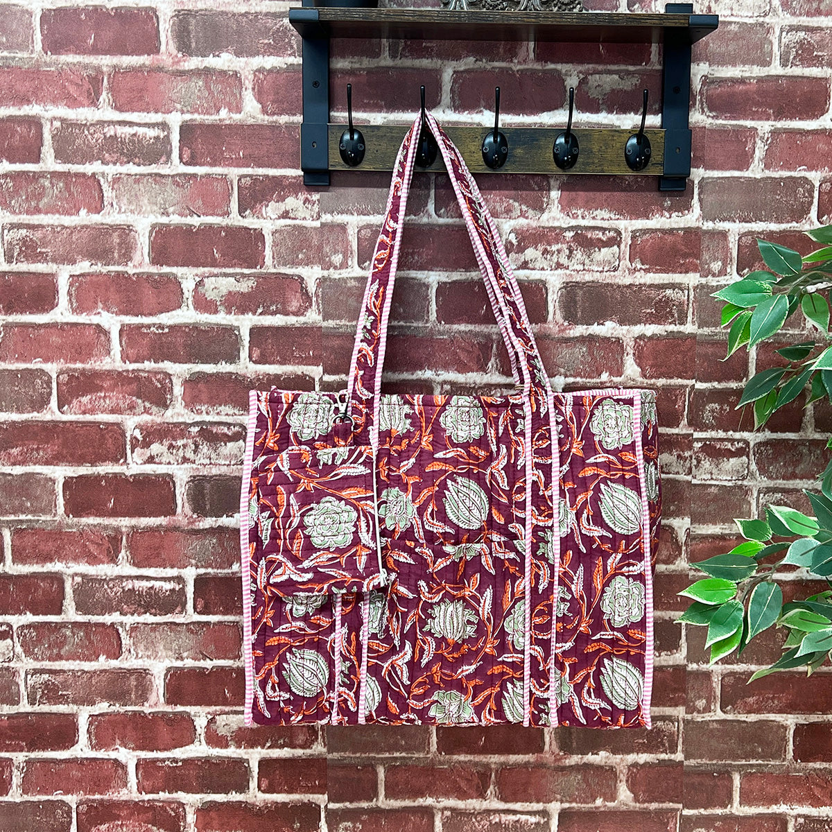 Hand Creafted Plum Blossoms Quilted Block-Printed Tote