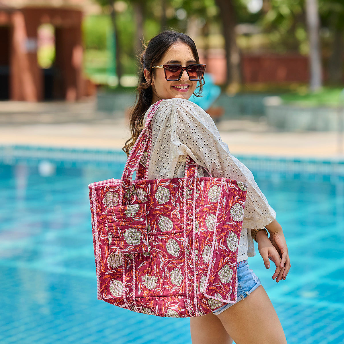 Hand Creafted Plum Blossoms Quilted Block-Printed Tote