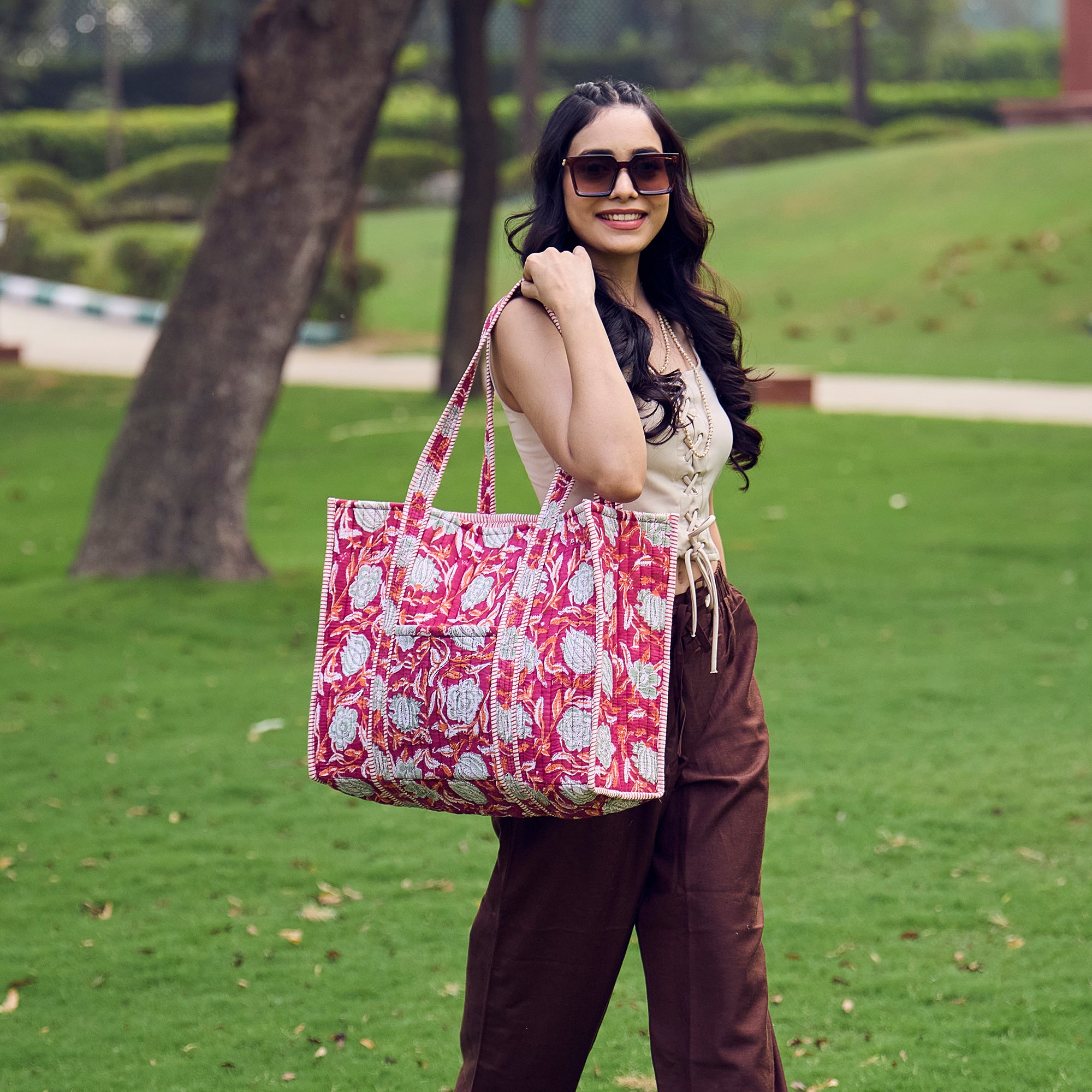 Hand Creafted Plum Blossoms Quilted Block-Printed Tote