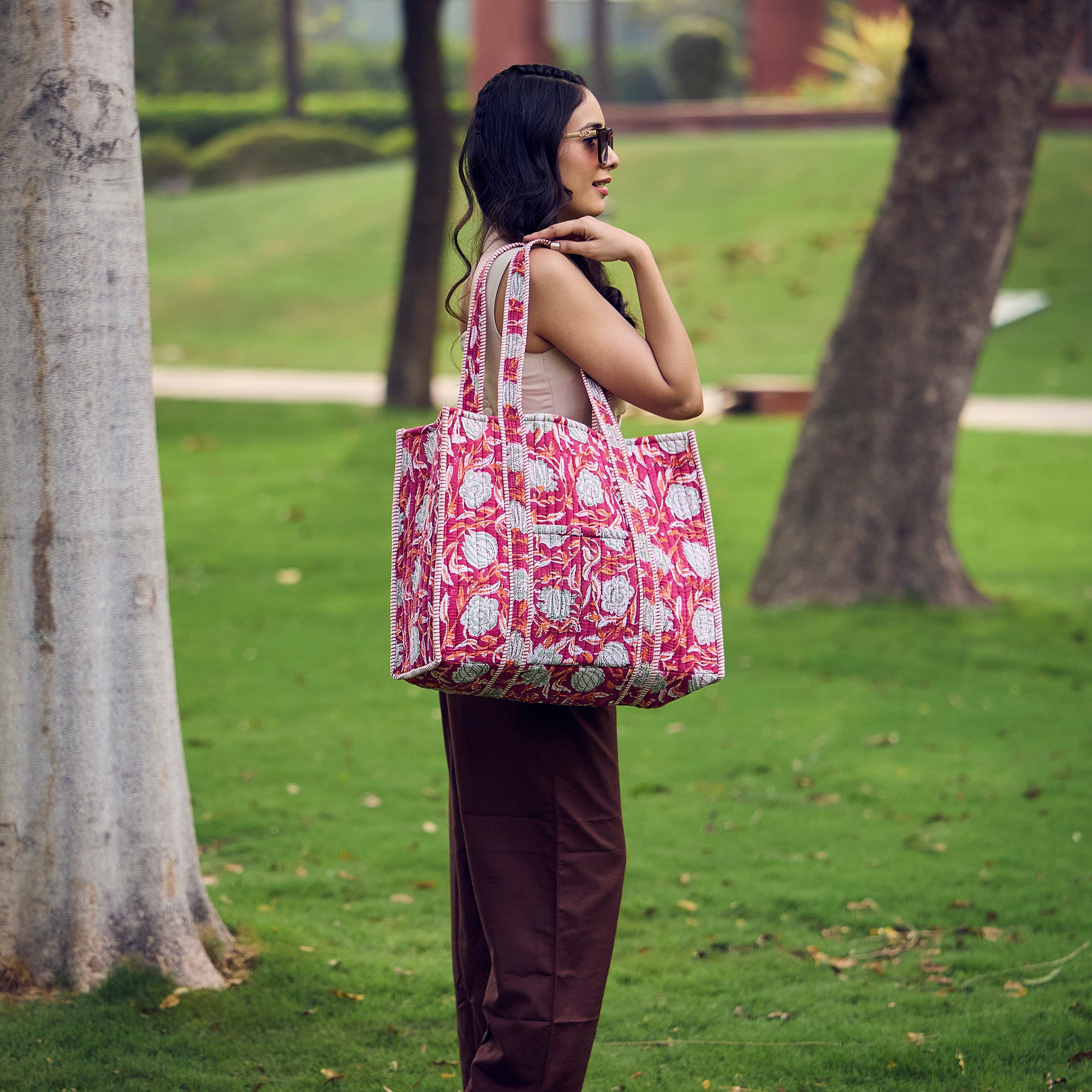 Hand Creafted Plum Blossoms Quilted Block-Printed Tote