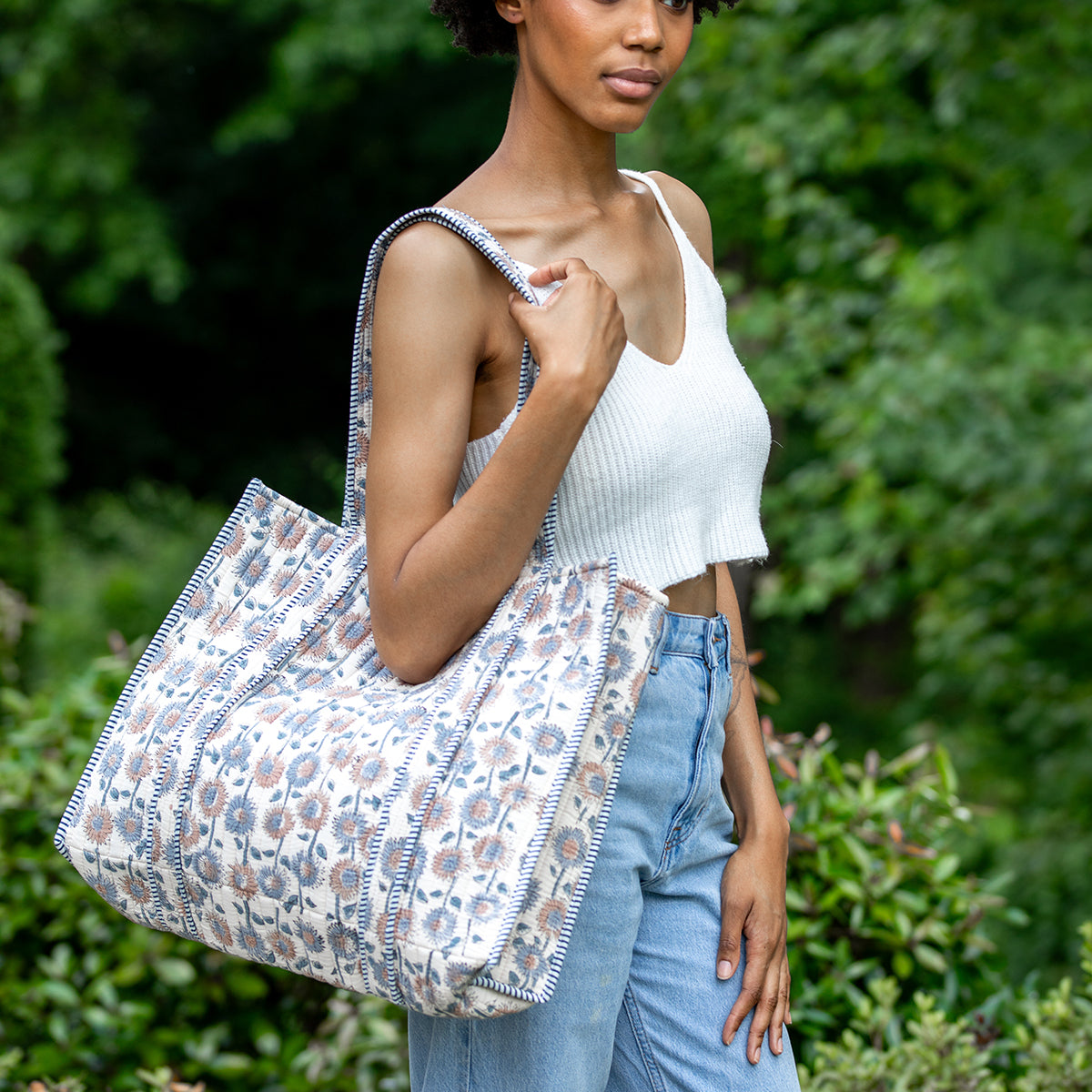 Hand Creafted Daisy Fields Quilted Block-Printed Tote