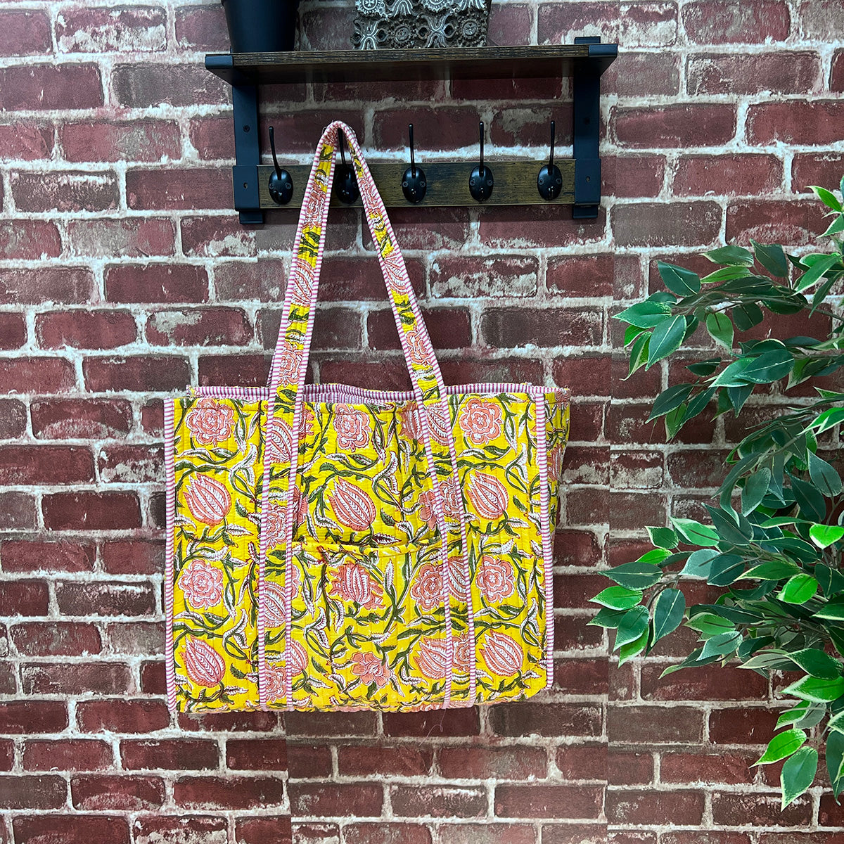 Hand Creafted Bright Dahlias Quilted Block-Printed Tote