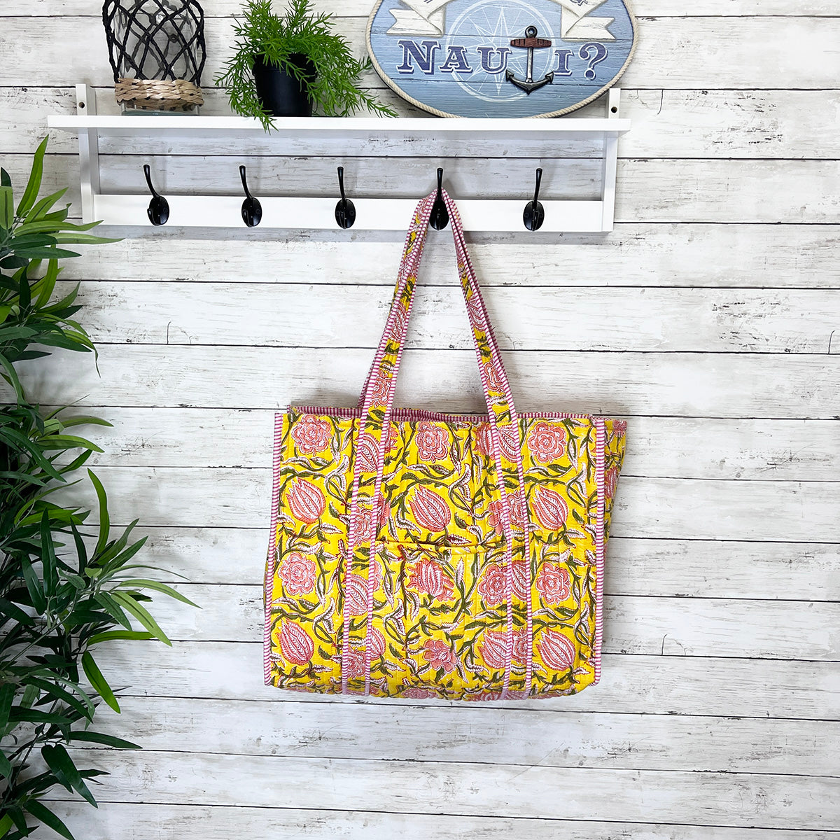 Hand Creafted Bright Dahlias Quilted Block-Printed Tote