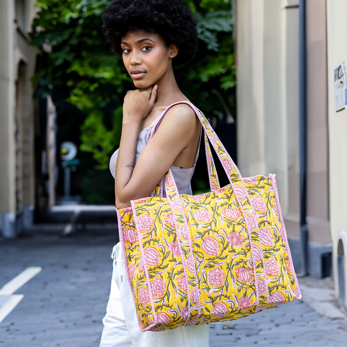 Hand Creafted Bright Dahlias Quilted Block-Printed Tote