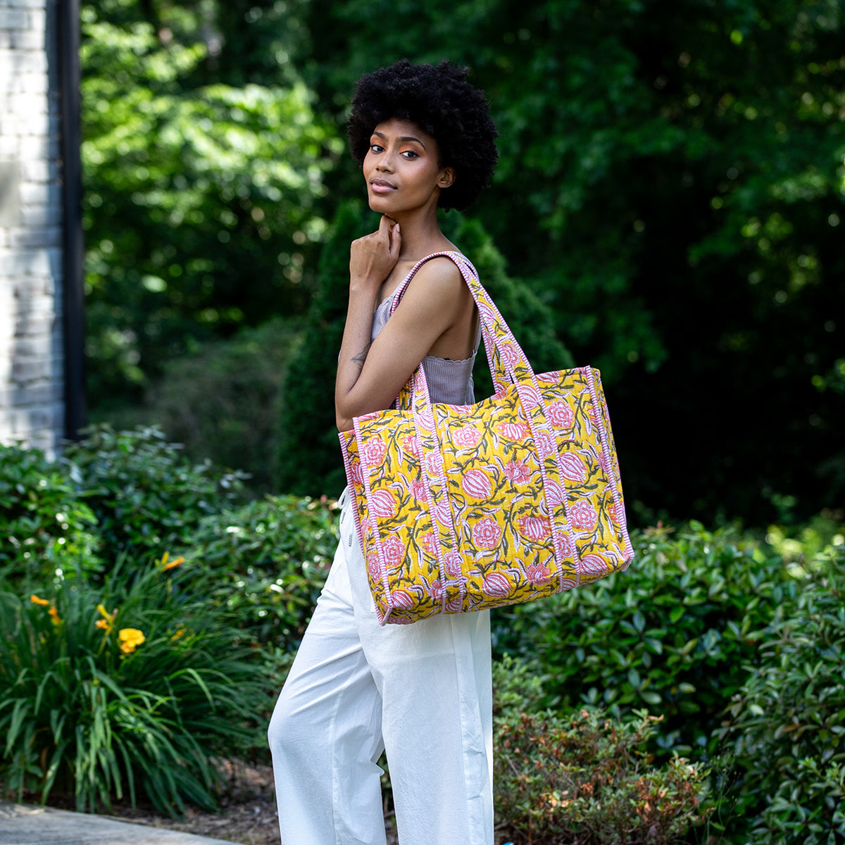 Hand Creafted Bright Dahlias Quilted Block-Printed Tote