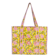 Hand Creafted Bright Dahlias Quilted Block-Printed Tote