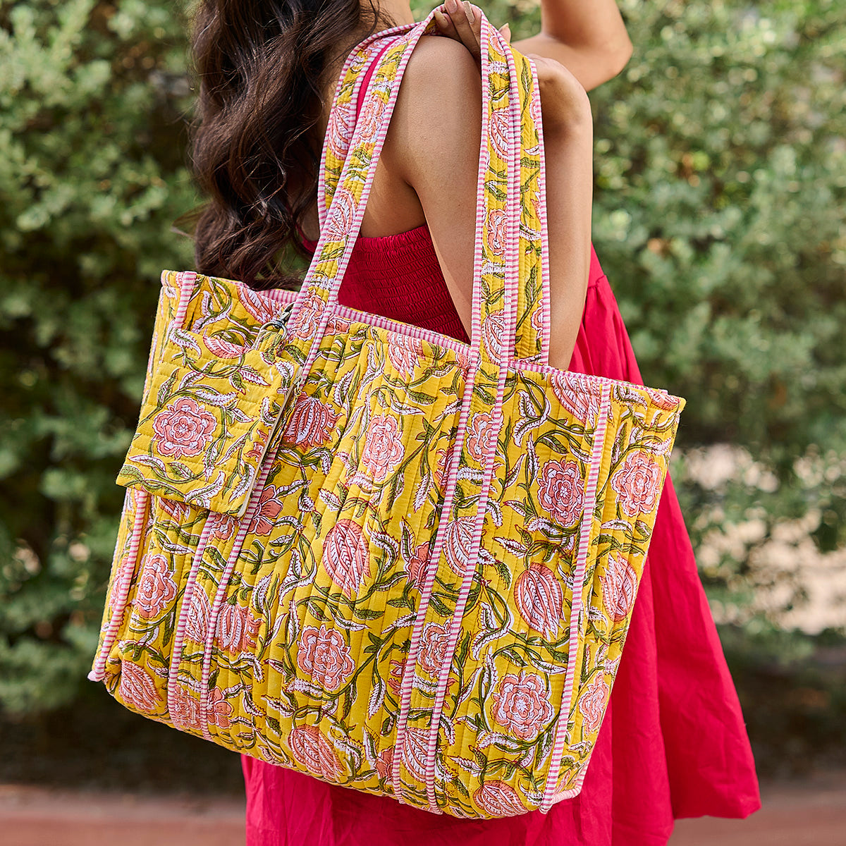 Hand Creafted Bright Dahlias Quilted Block-Printed Tote