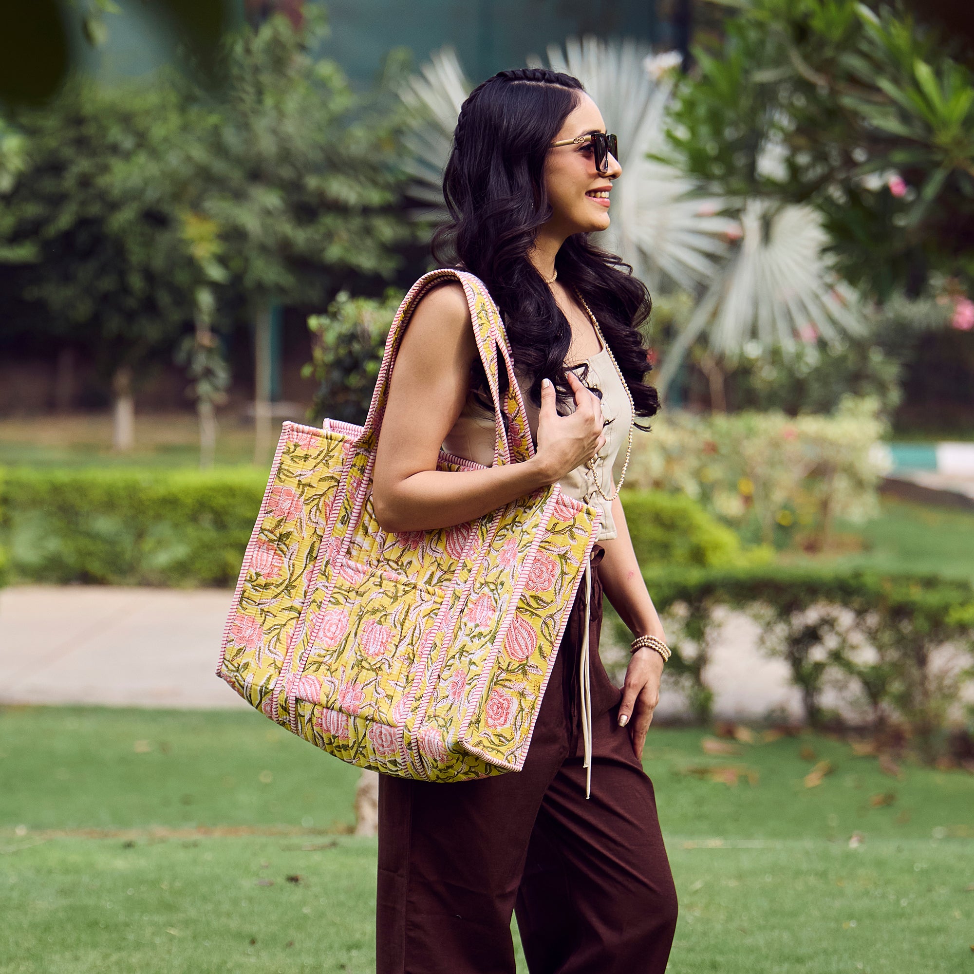 Hand Creafted Bright Dahlias Quilted Block-Printed Tote