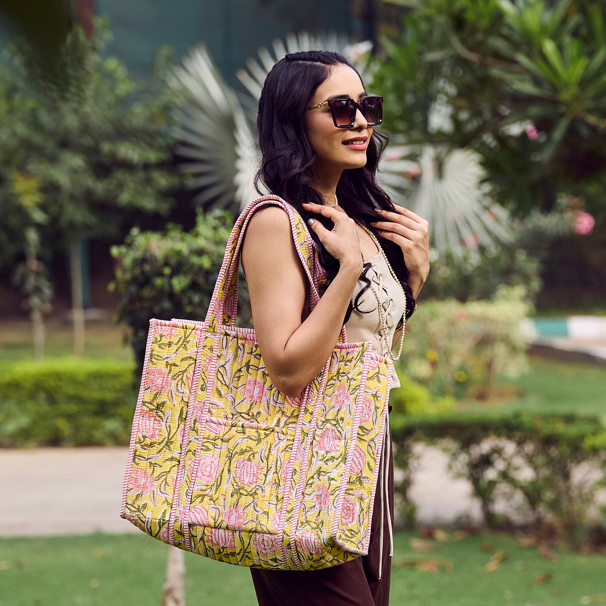Hand Creafted Bright Dahlias Quilted Block-Printed Tote