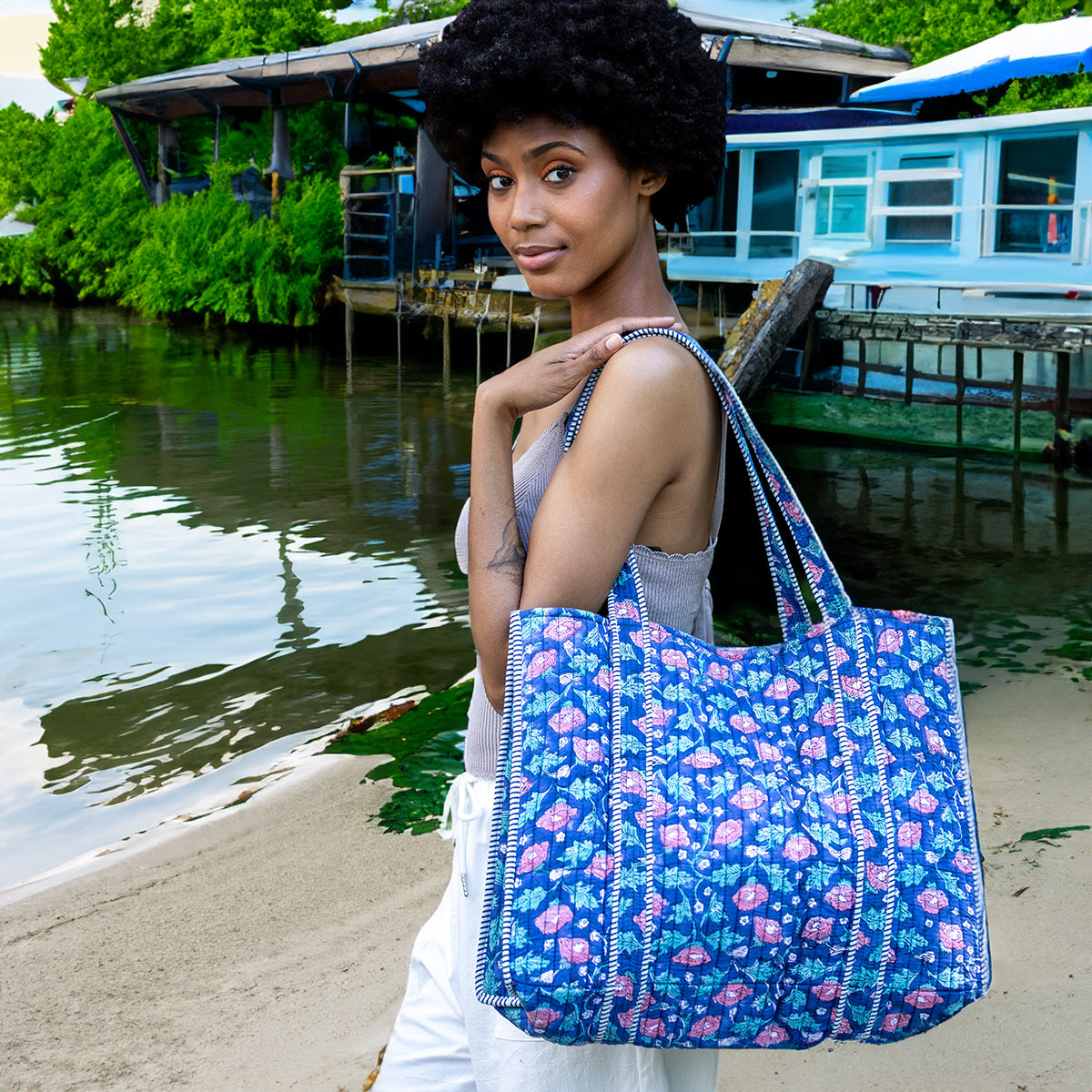 Hand Creafted Rich Primrose Quilted Block-Printed Tote