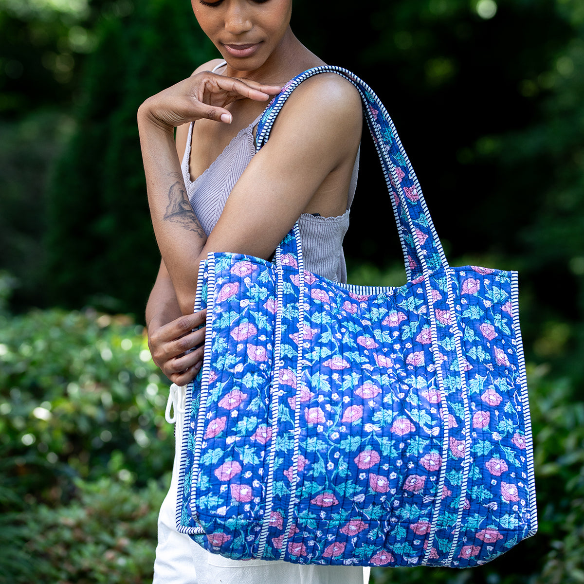 Hand Creafted Rich Primrose Quilted Block-Printed Tote