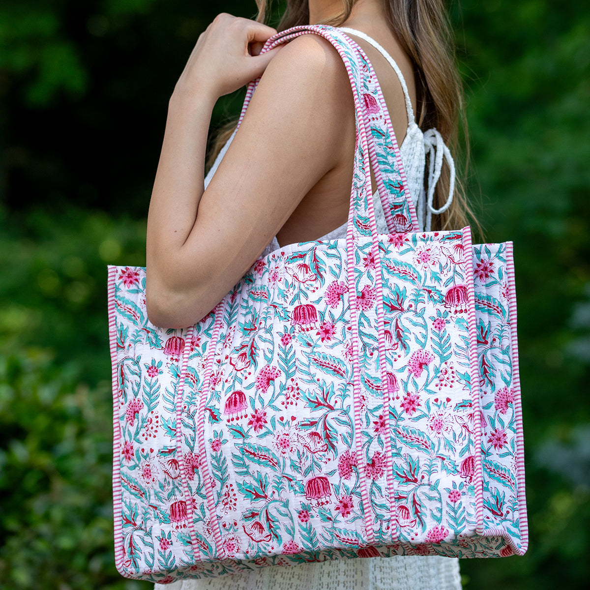 Hand Creafted Vivid Wildflowers Quilted Block-Printed Tote