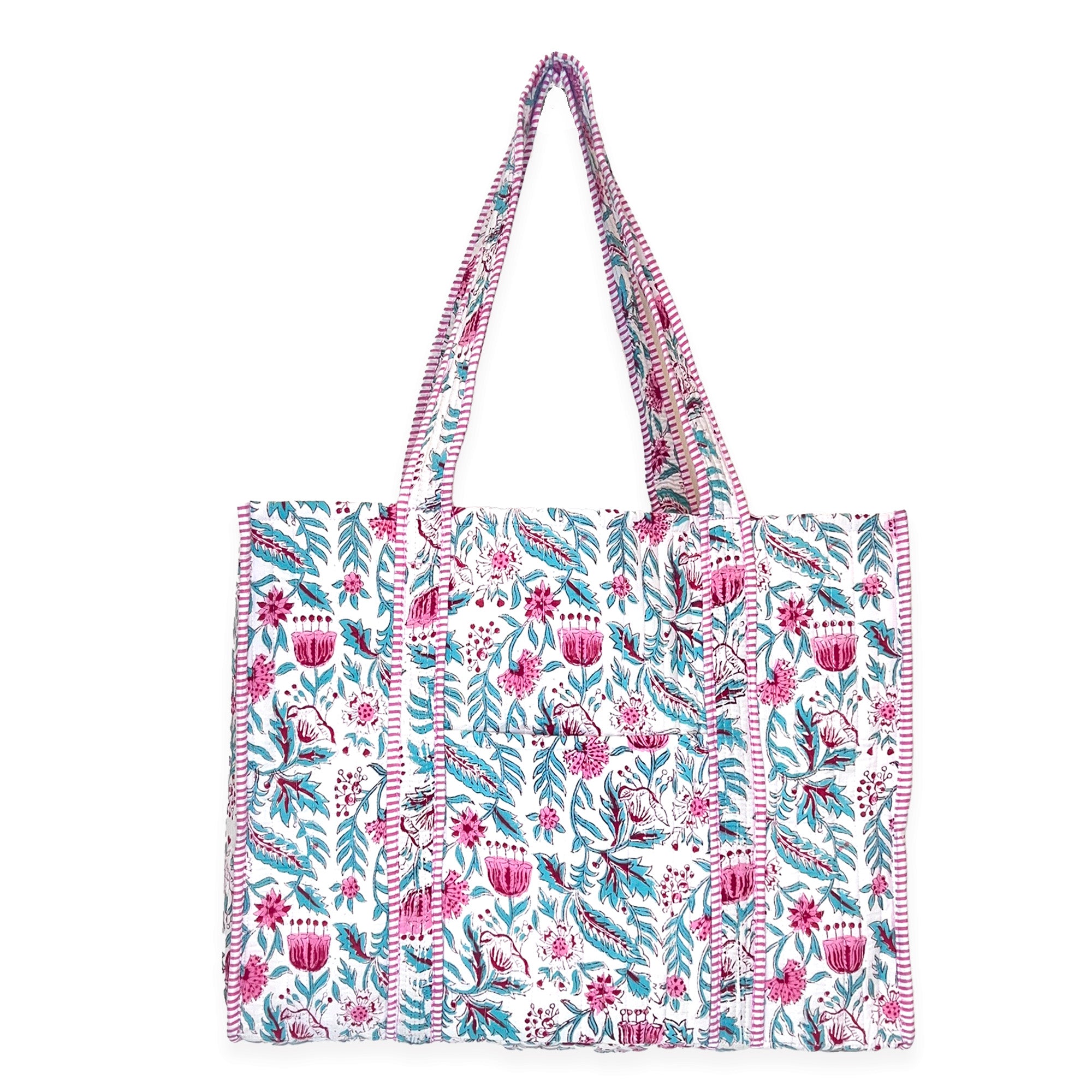 Hand Creafted Vivid Wildflowers Quilted Block-Printed Tote