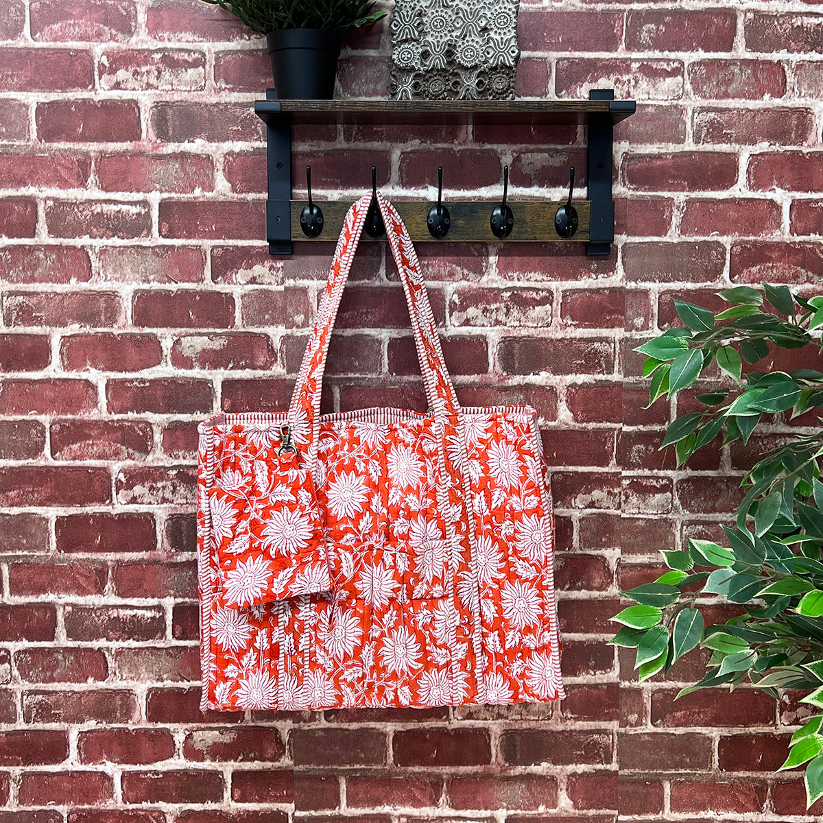 Hand Creafted Orange Charm Quilted Block-Printed Tote