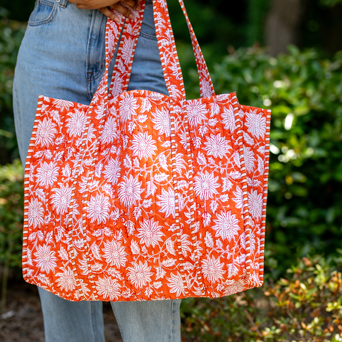 Hand Creafted Orange Charm Quilted Block-Printed Tote