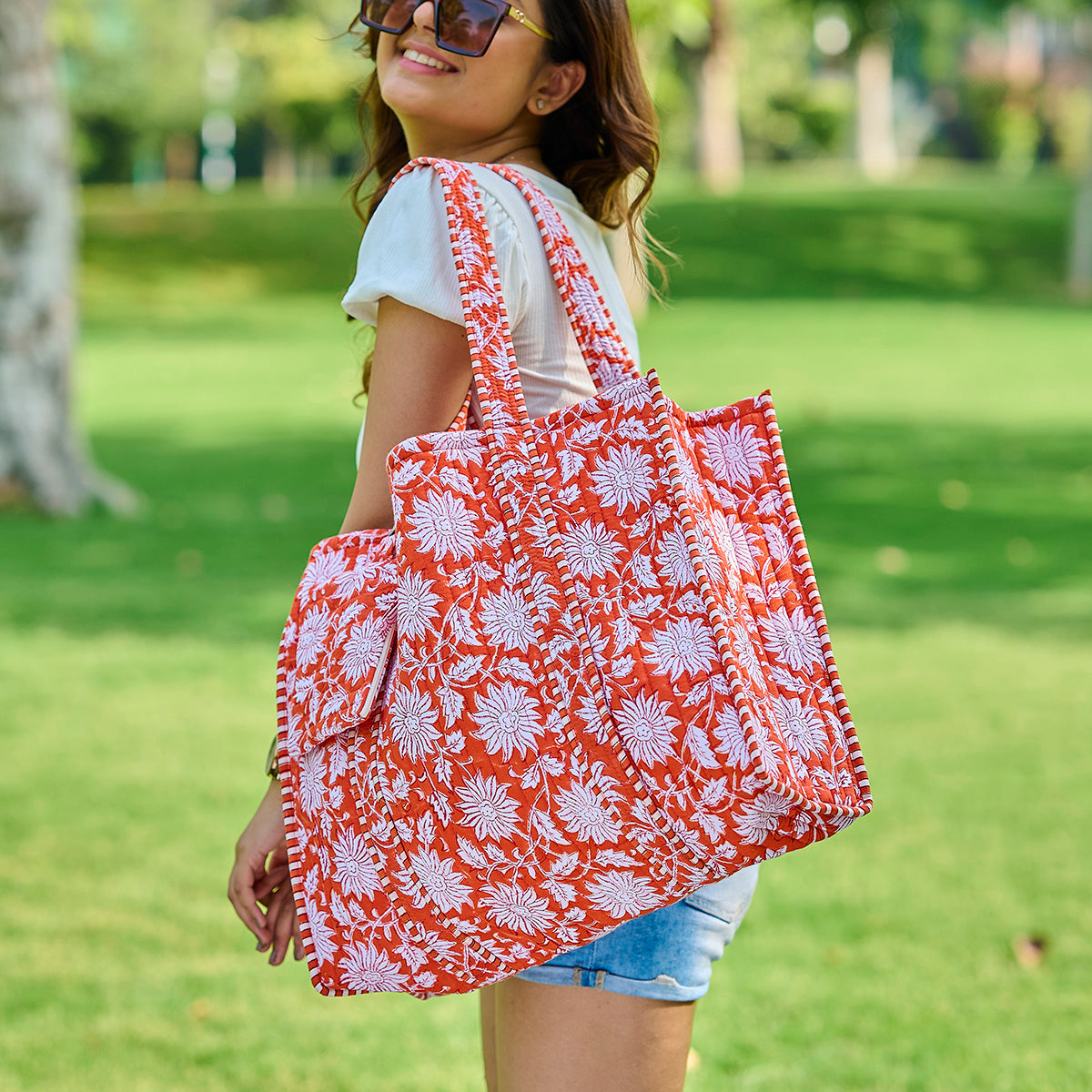 Hand Creafted Orange Charm Quilted Block-Printed Tote