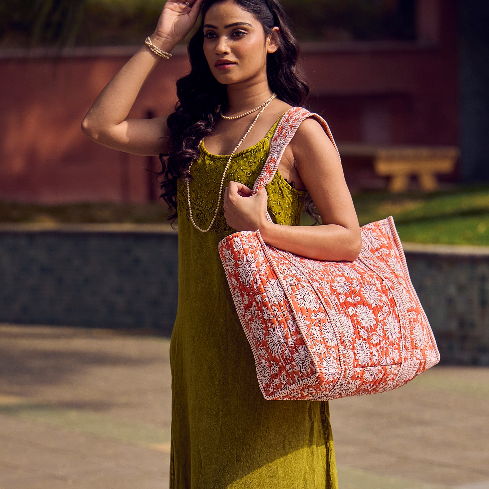 Hand Creafted Orange Charm Quilted Block-Printed Tote