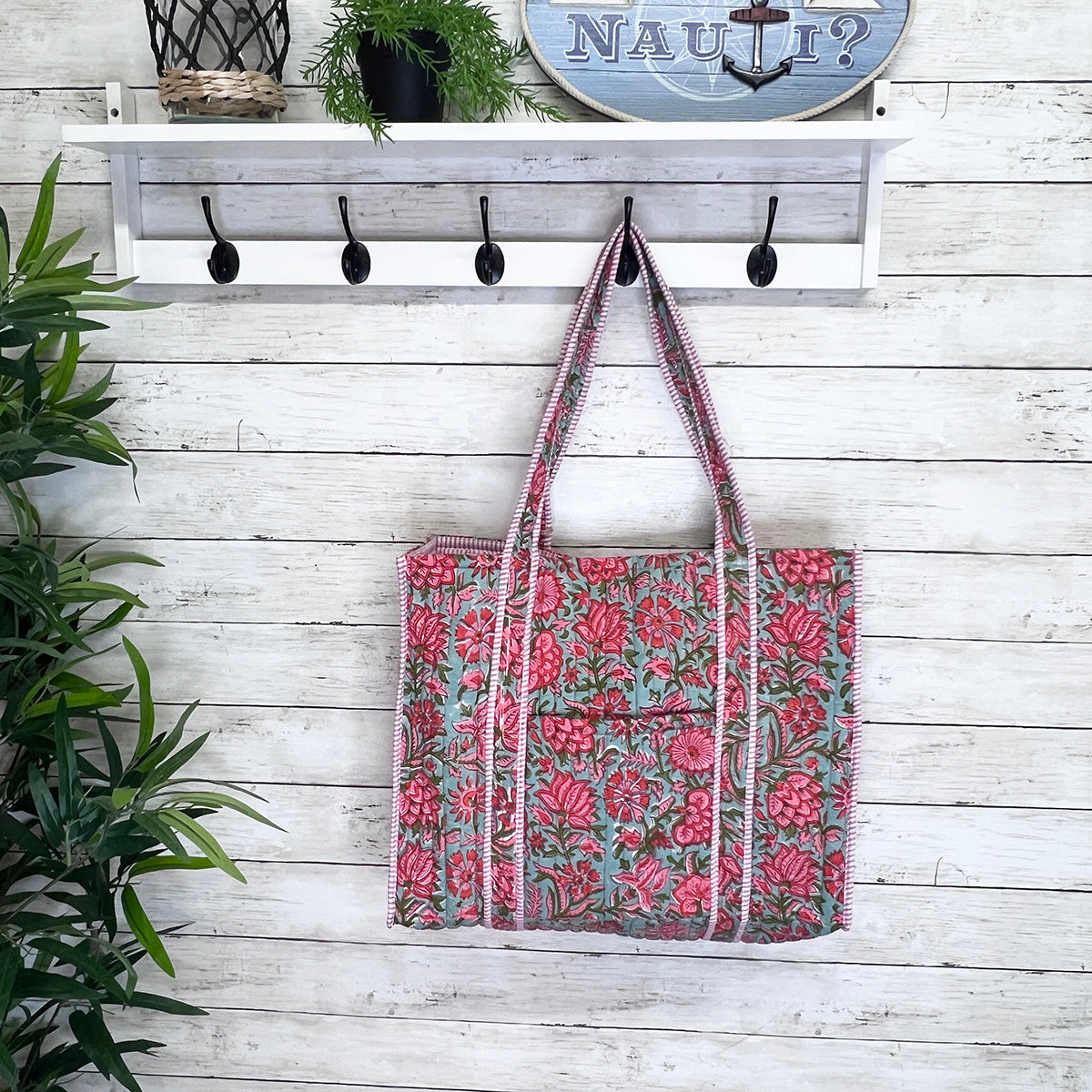 Hand Crafted Pink Carnations Quilted Block-Printed Tote