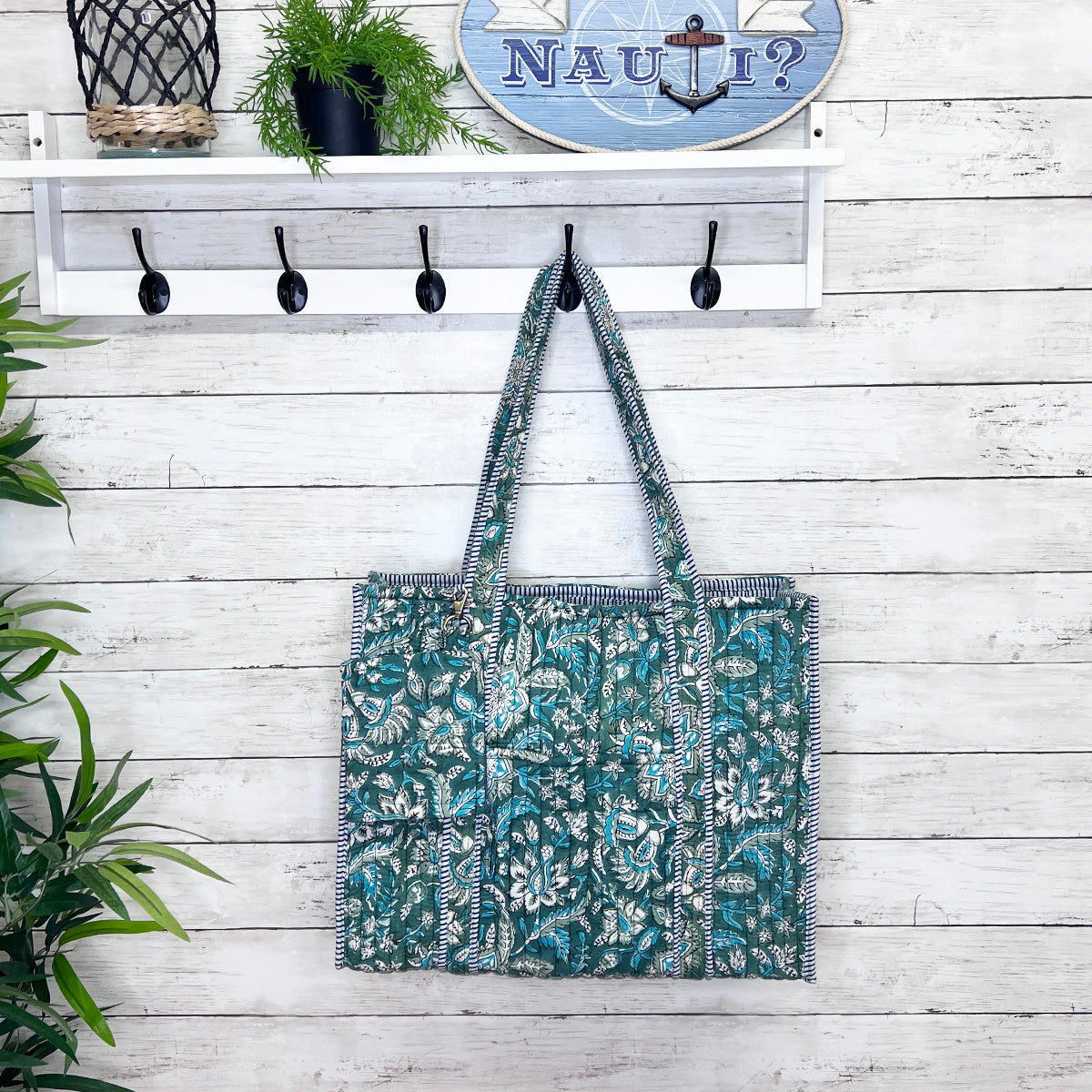 Hand Creafted Teal Florals Quilted Block-Printed Tote