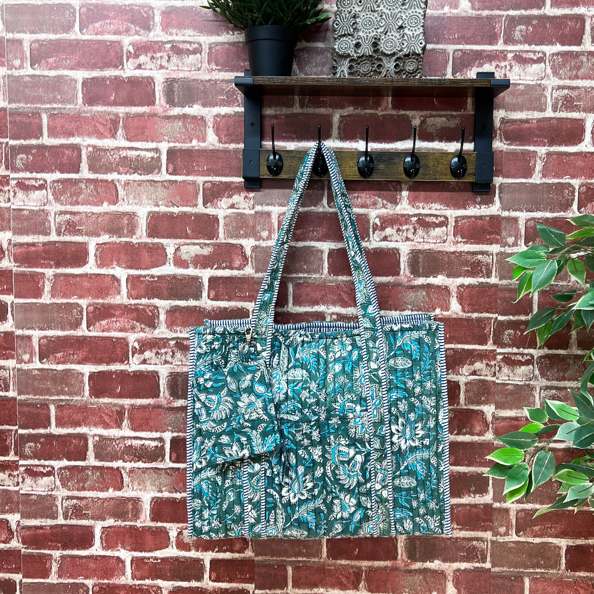 Hand Creafted Teal Florals Quilted Block-Printed Tote