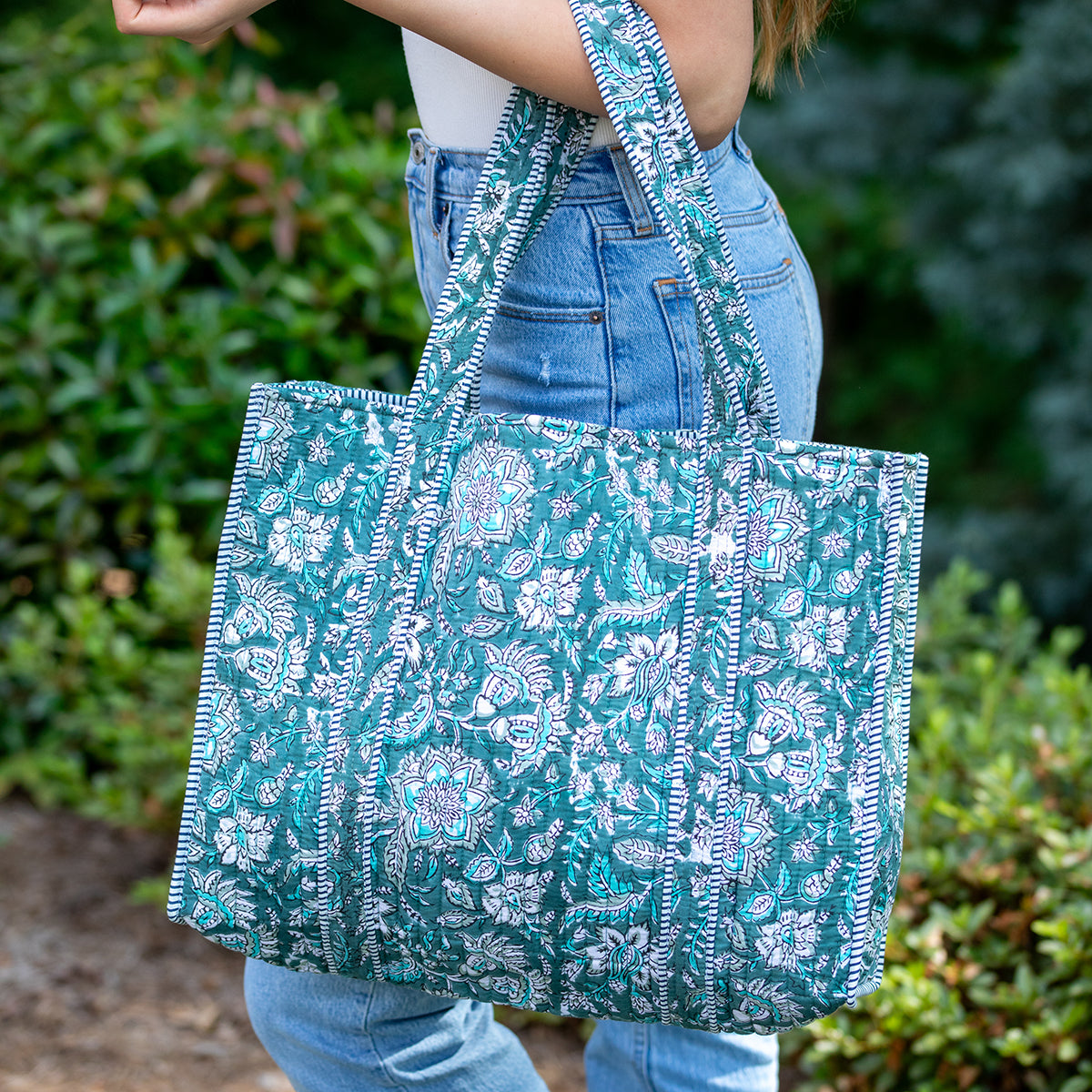 Hand Creafted Teal Florals Quilted Block-Printed Tote