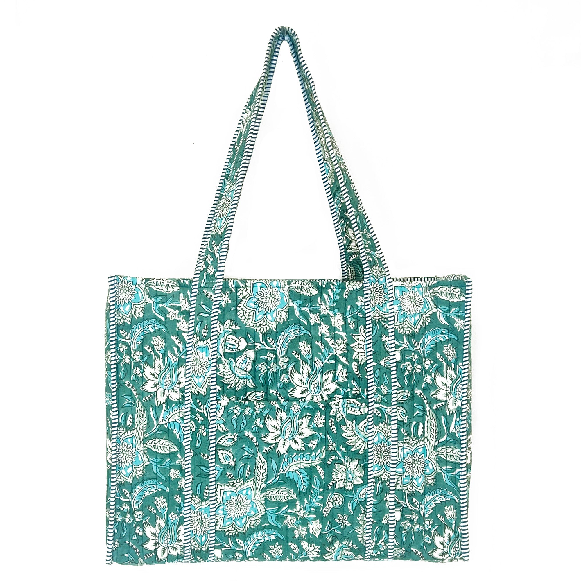 Hand Creafted Teal Florals Quilted Block-Printed Tote