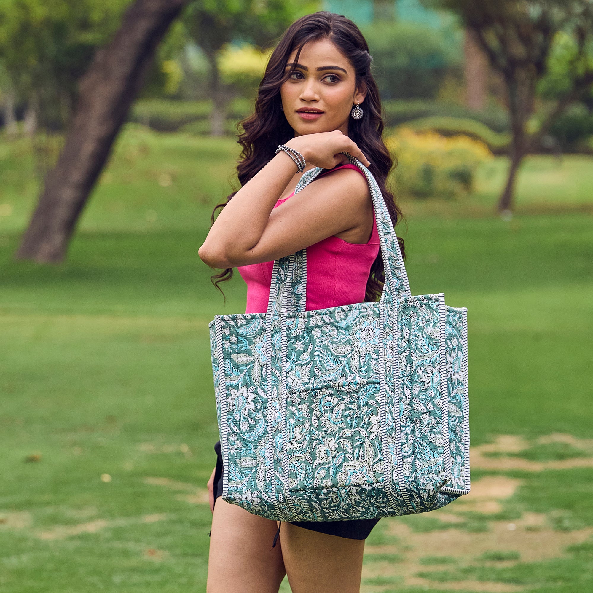 Hand Creafted Teal Florals Quilted Block-Printed Tote