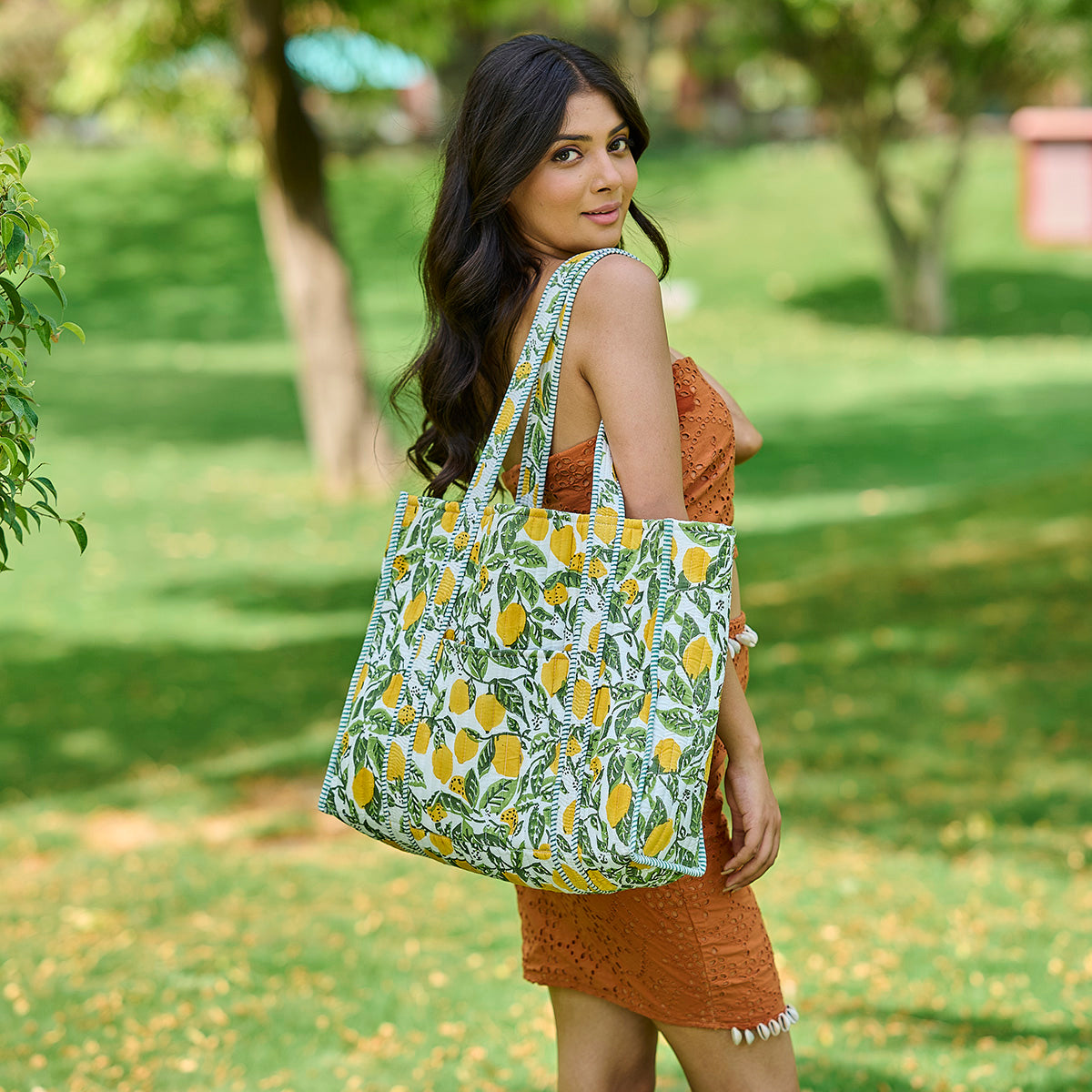 Hand Creafted Lemon Groves Quilted Block-Printed Tote