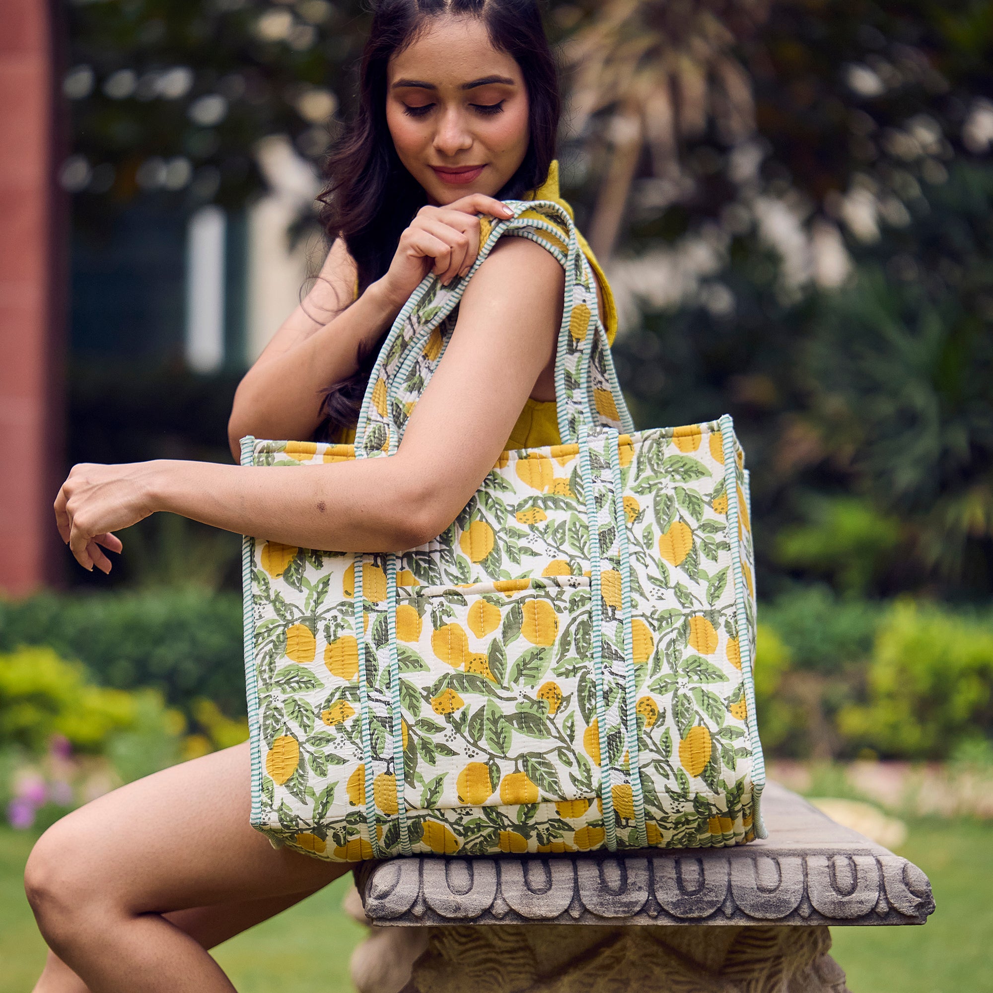 Hand Creafted Lemon Groves Quilted Block-Printed Tote