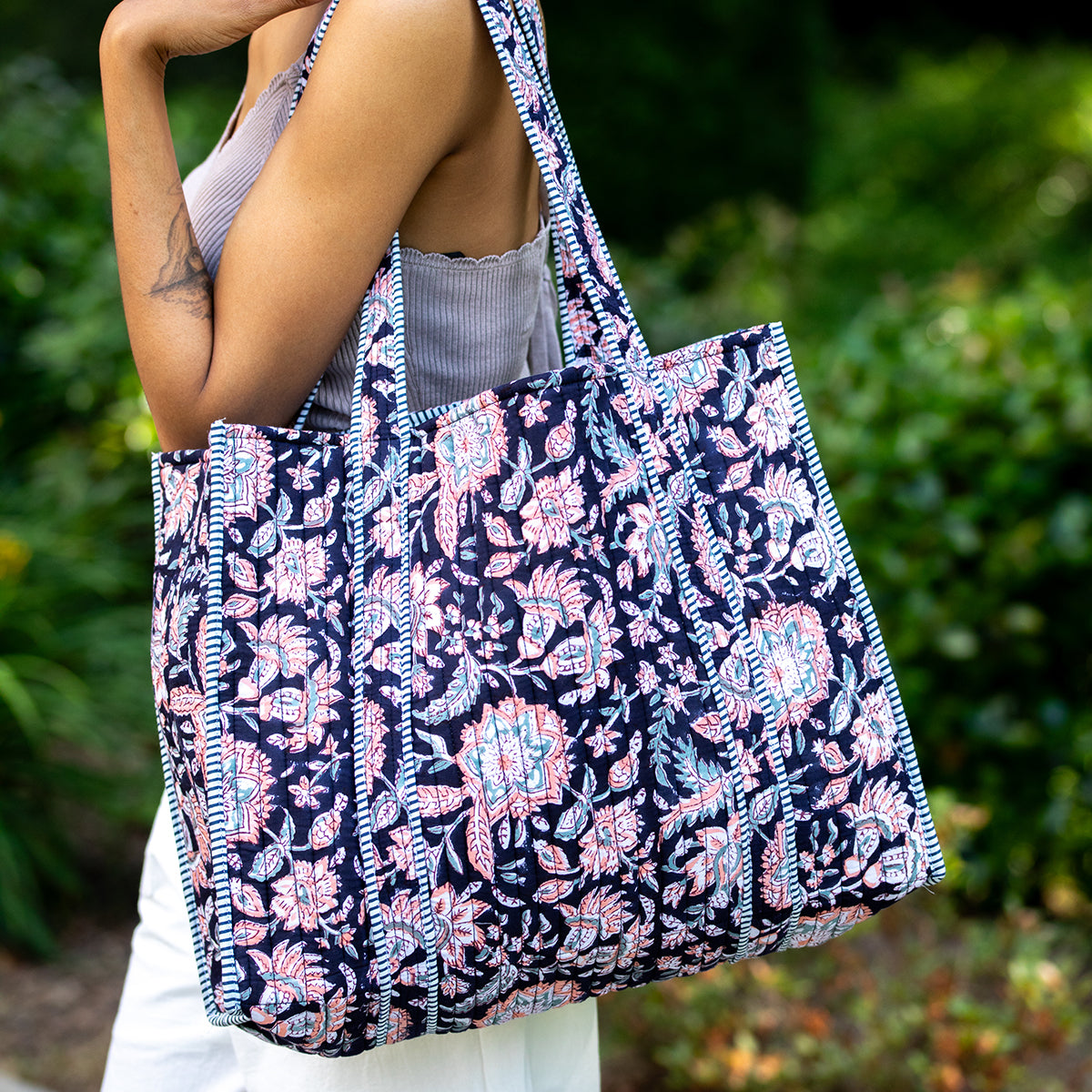Quilted Block-Printed Midnight Desert Tote