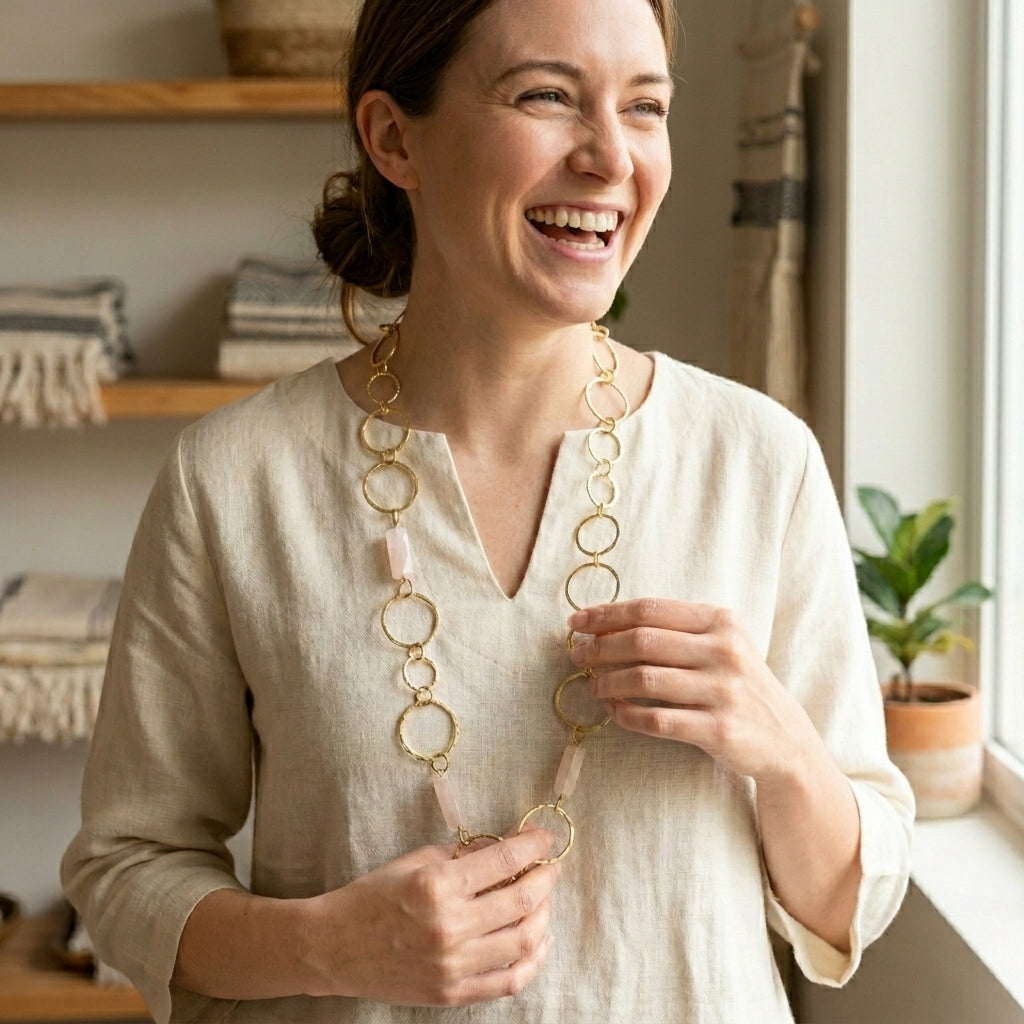 Akriti Rose Quartz Circle Chain Handcrafted Gold Necklace