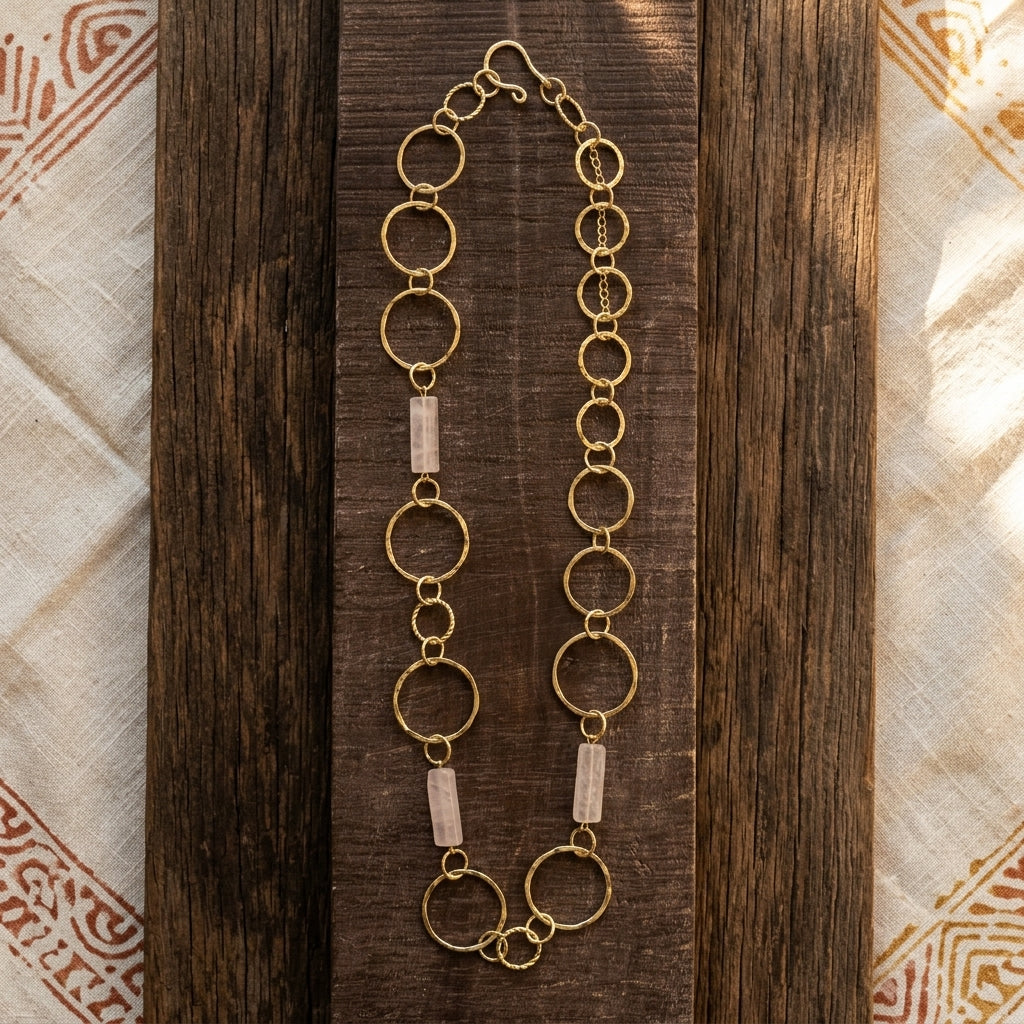 Akriti Rose Quartz Circle Chain Handcrafted Gold Necklace