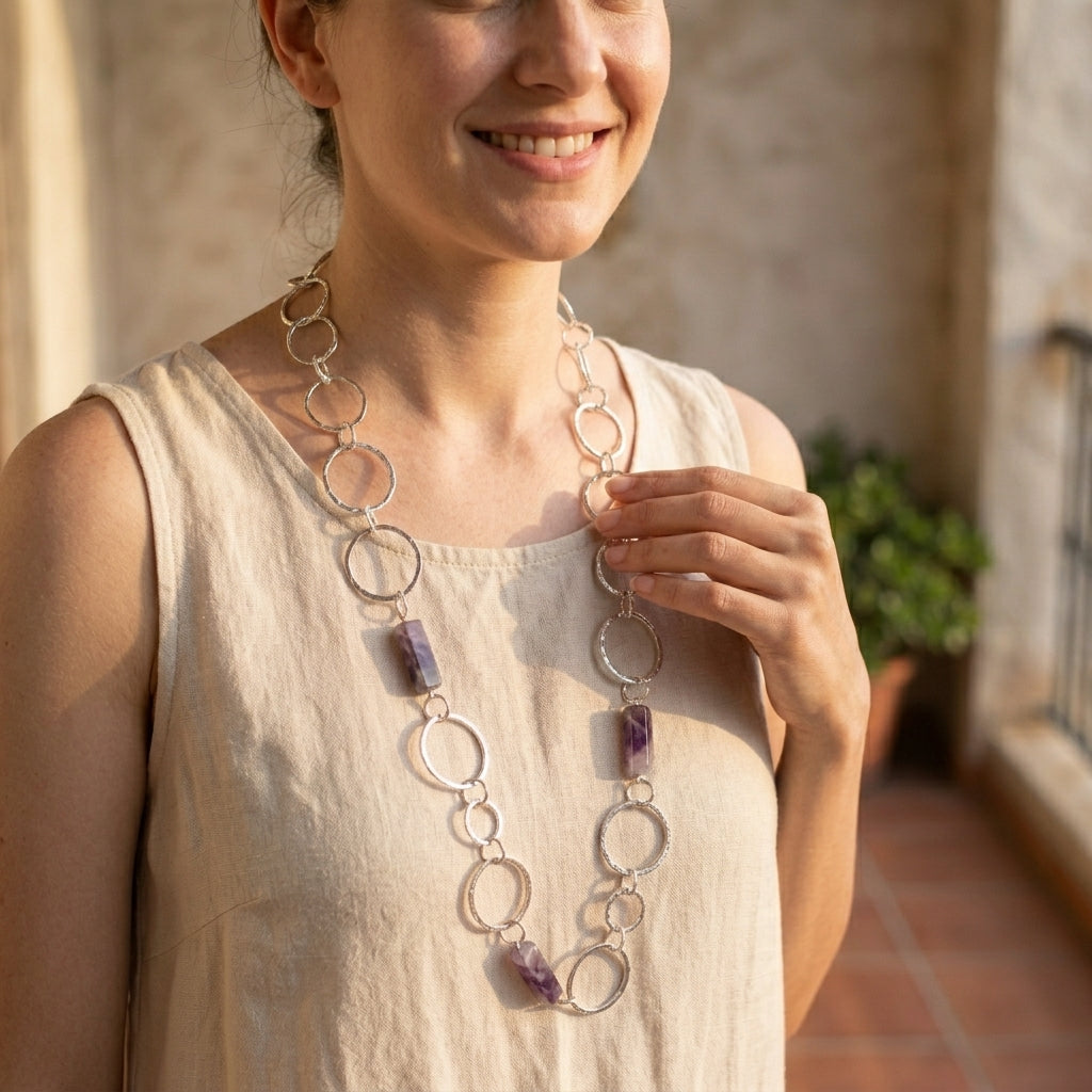 Akriti Amethyst Circle Chain Handcrafted Silver Necklace