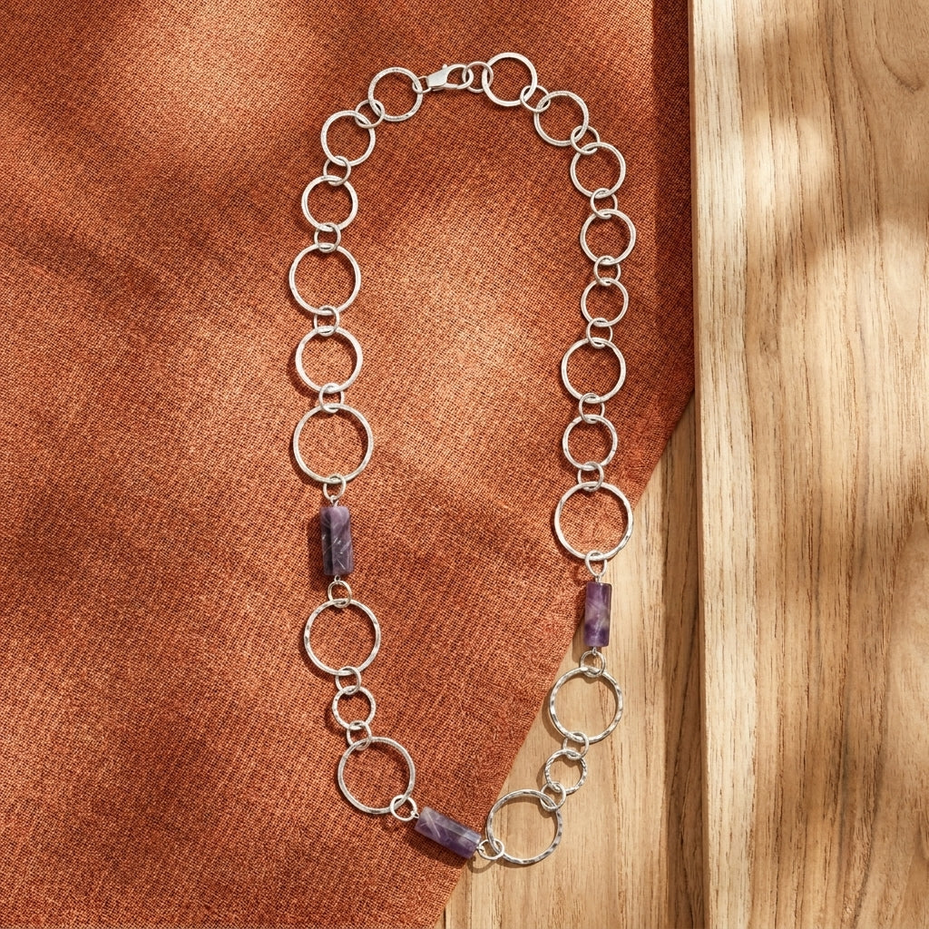 Akriti Amethyst Circle Chain Handcrafted Silver Necklace