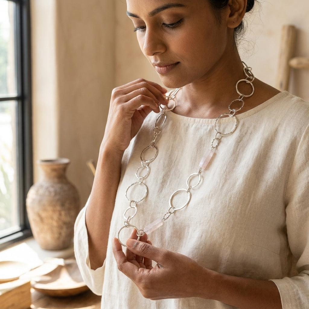 Akriti Quartz Circle Chain Handcrafted Silver Necklace